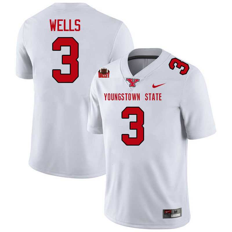 Youngstown State Penguins #3 Michael Wells College Football Jerseys,Uniforms-White